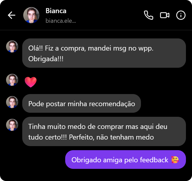 Depoimento no chat de Bianca recomendando a compra