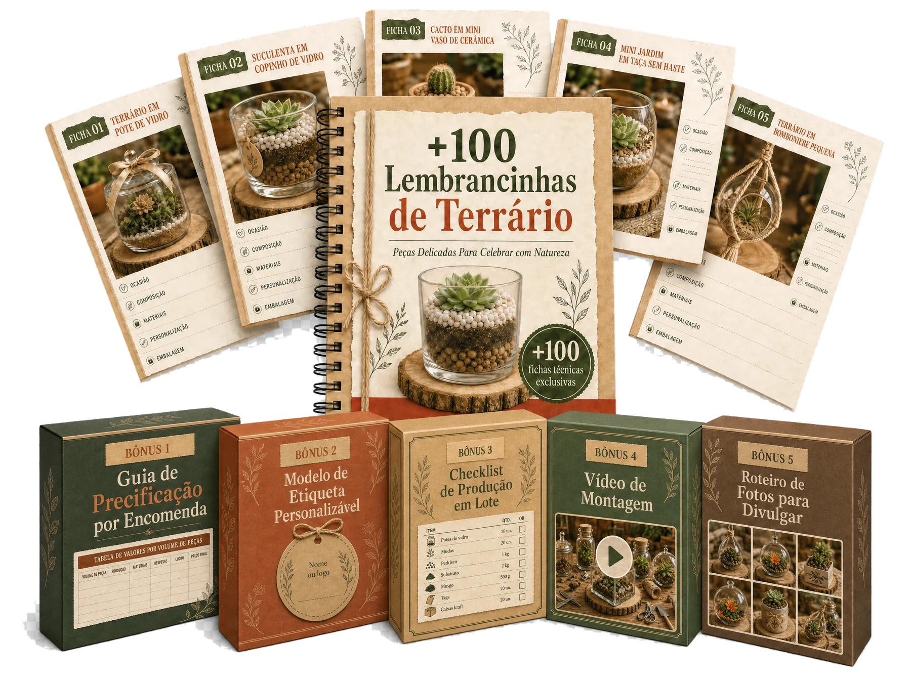 Mockup do catálogo +100 Lembrancinhas de Terrário com fichas técnicas e cinco bônus em caixas 3D