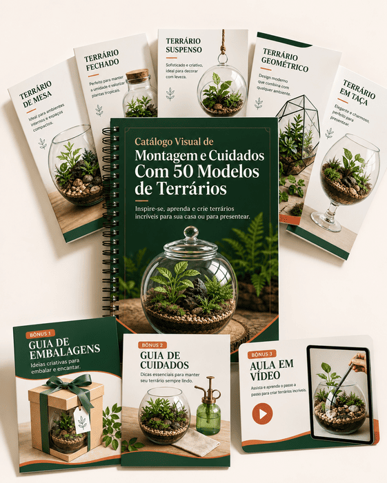 Mockup do catálogo completo com páginas internas e materiais bônus de terrários