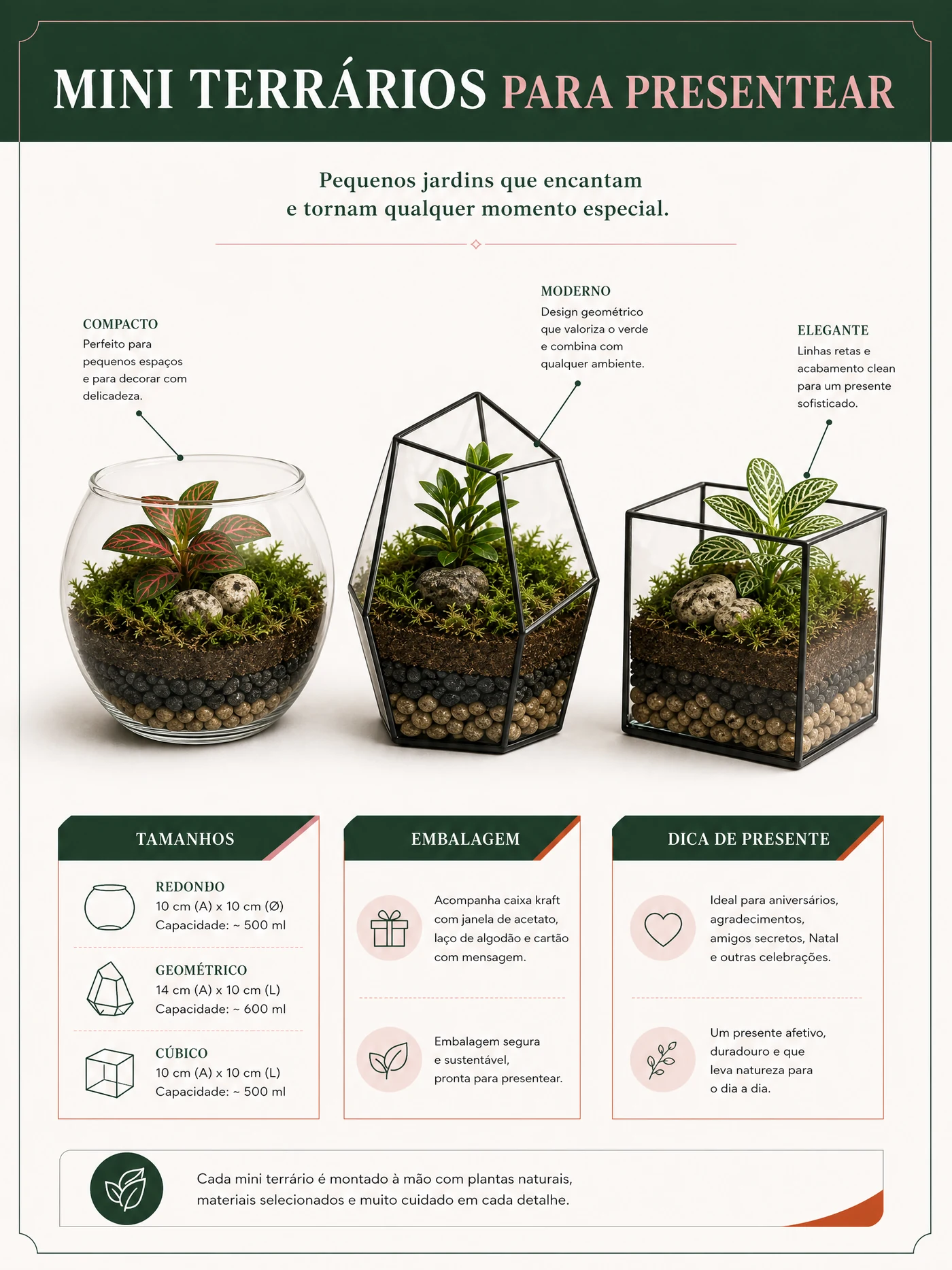 Página ilustrativa de mini terrários compactos